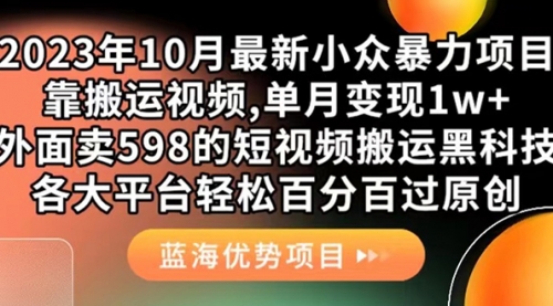 【副业项目7629期】外面卖598的10月最新短视频搬运黑科技，各大平台百分百过原创 靠搬运月入1w-宏欣副业精选