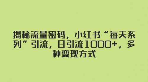 【副业项目8381期】揭秘流量密码，小红书“每天系列”引流，日引流1000+，多种变现方式-宏欣副业精选