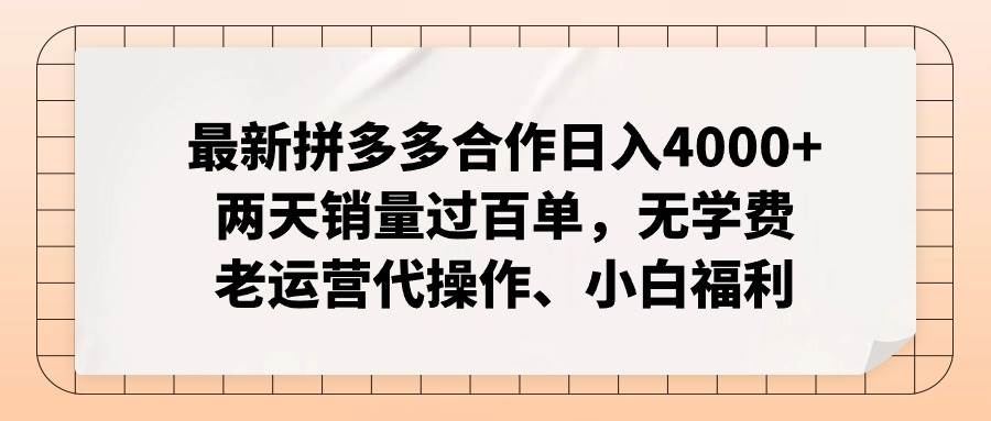 最新拼多多合作日入4000+两天销量过百单，无学费、老运营代操作、小白福利-宏欣副业精选