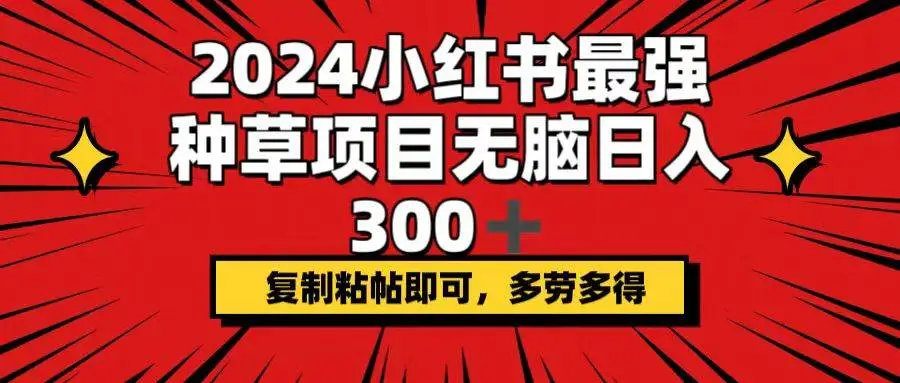 2024小红书最强种草项目，无脑日入300+，复制粘帖即可，多劳多得-宏欣副业精选